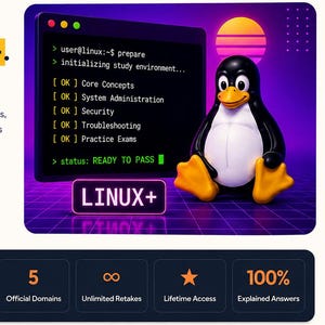 May include: A digital study guide for CompTIA Linux+ XK0-006 featuring a penguin mascot, a terminal window with text including Core Concepts and System Administration, and a summary bar listing 200 practice questions, 200 flashcards, and lifetime access.