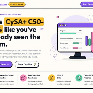 May include: A digital interface for Teckexam CySA+ CS0-004 exam preparation. The screen displays text, a progress dashboard with charts, and a shield icon. Features include buttons for Start Exam, Start Full Exam, and Exam Day Tips, plus four icons.
