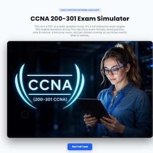 May include: A digital interface for the CCNA 200-301 Exam Simulator featuring a glowing blue CCNA logo, text describing the interactive exam engine, and a button labeled Start Full Exam. The display includes a dark background with a blue theme.