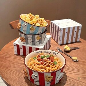 Hand-Painted Ceramic Snack Bowl – 3D Cartoon Animal, Pretzel Charms, Red Stripe Tableware