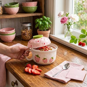 Op de afbeelding: Een witte keramische kom met een handvat en een bijpassend roze deksel met aardbeienpatroon. De kom is gevuld met yoghurt en granola, versierd met geschilderde roze aardbeien. Een zilveren lepel ligt op een roze servet naast verse aardbeien.