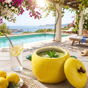 May include: A bright yellow ceramic bowl shaped like a lemon with a matching lid featuring a brown stem handle. The bowl contains a green liquid with ice and mint leaves. Beside it sits a clear glass of water with lemon slices and a metal straw.
