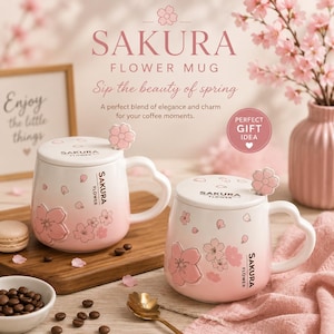 May include: Two white and pink gradient ceramic mugs featuring embossed cherry blossom designs, matching lids with a small flower handle, and the text SAKURA FLOWER printed on the side. Each mug has a heart-shaped handle and a smooth finish.