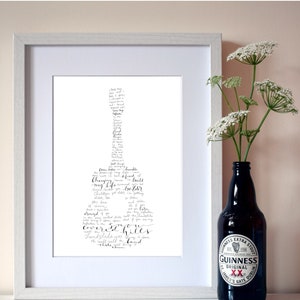 Stevie Nicks Landslide Guitar Silhouette Hand Lettered Lyrics Art Print / Guitar Shape Artwork Digital Download