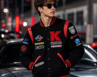 Kavinsky Synthwave Letterman Jacket, Vintage Y2K Bomberjack voor heren, Retro Cyberpunk Bomber, Outrun jaren 80 Bikerjas, Halloweencadeau