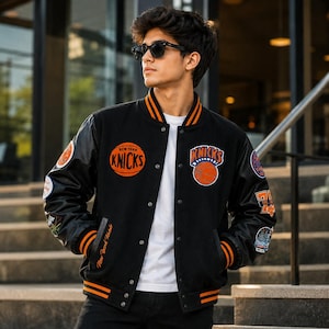 Chaqueta universitaria New York Knicks negra, chaqueta bomber estilo Letterman bordada, regalo para aficionados al baloncesto, ropa urbana unisex, regalo de cumpleaños para marido