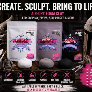 Peut inclure: Trois sachets de 400g de pâte à modeler mousse séchant à l'air en blanc, gris et noir. L'emballage porte le texte 'Air-Dry Foam Clay' et 'Create. Sculpt. Bring to life.' Inclut des boules de pâte de chaque couleur et des outils de sculpture.