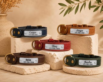 Collare per cani personalizzato in vera pelle, collare per animali domestici con targhetta personalizzata incisa con il nome, collare in pelle fatto a mano per cani