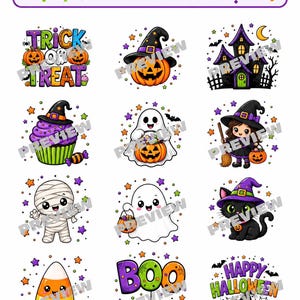 May include: A digital sticker sheet featuring twelve Halloween-themed illustrations including a pumpkin, a ghost, a haunted house, a cupcake, a mummy, a black cat, candy corn, and text reading Trick or Treat, Boo, and Happy Halloween.
