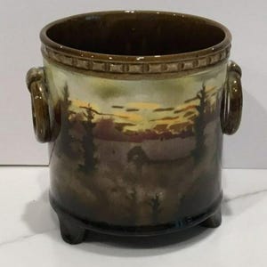 Vtg Czech Pottery w/ Sunset over forest paining & decorative handles and feet