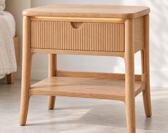 Nora Oak Nightstand, Handmade Solid Wood Bedside Table with Fluted Drawer, Japandi Bedroom Furniture