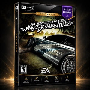 以下が含まれることがあります： Need for Speed Most WantedのPCゲームケース。表紙には黒いスポーツカーが描かれています。箱にはEAのロゴ、ESRBのTeenレーティング、デジタルダウンロード、プロダクトキー、高速配送、安全な支払い、24時間年中無休のサポートを示すテキストラベルが記載されています。