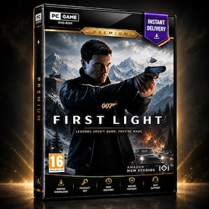 May include: A PC game DVD-ROM case for 007 First Light. The cover features a person in a dark jacket holding a handgun against a snowy mountain backdrop with a helicopter and car. Text includes Premium, Legends aren't born. They're made, and Amazon MGM Studios.