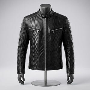 Men's Black Snake Pattern Leather Biker Jacket, Sheep Coat Gift for Him