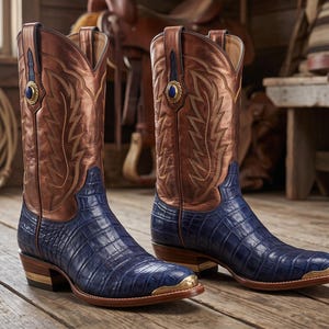 May include: A pair of cowboy boots featuring a metallic copper-coloured leather shaft with intricate stitching and a blue textured leather foot. Each boot includes a small blue stone accent on the side and a gold-toned metal toe cap detail.