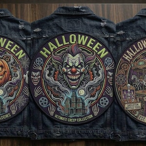 Puede incluir: Tres chaquetas de mezclilla oscura con grandes parches circulares en la espalda. El parche izquierdo muestra una calabaza y una casa con el texto HALLOWEEN SEASON OF SHADOWS. El centro muestra un payaso y una casa con HALLOWEEN ULTIMATE CREEP COLLECTION. El derecho muestra una escena de carnaval con HALLOWEEN CARNIVAL EST. 1888 SINCE DECAY.
