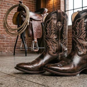 Puede incluir: Un par de botas vaqueras de cuero marrón oscuro con intrincados patrones de costuras en color marrón claro en la caña, punta afilada, tacón bajo y un emblema metálico decorativo cerca del borde superior de cada bota.