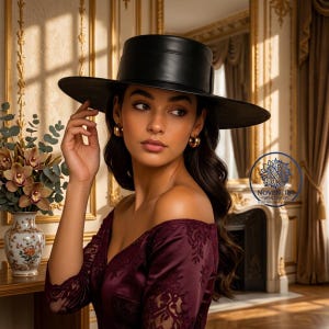 May include: A black wide-brimmed hat with a flat crown and a smooth finish. The hat features a structured band around the base of the crown. A circular logo with the text NOVENTRA LTD is visible on the right side of the image.