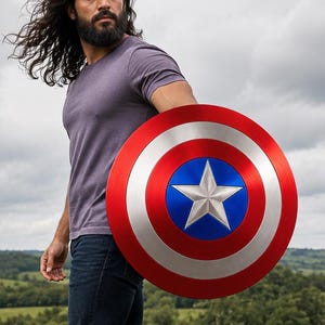 May include: A circular shield featuring a red outer ring, a white middle ring, and a blue center circle with a large silver star. The shield is held by a person wearing a grey t-shirt, dark blue jeans, and brown boots, standing in a grassy field.
