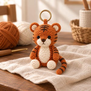 Puede incluir: Un pequeño llavero de tigre tejido a ganchillo a mano con hilo naranja y blanco con rayas de color marrón oscuro. El tigre tiene una cabeza redonda, orejas pequeñas, una barriga de color crema y una cola larga a rayas. Un anillo de metal dorado está unido a la parte superior.