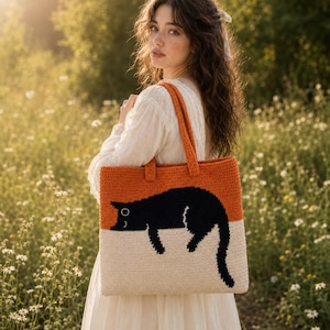 Crochet Black Cat Bag Pattern PDF | Intarsia Crochet Tote Bag Pattern | Halloween Cat Purse DIY | Cute Cat Crochet Bag Digital Download