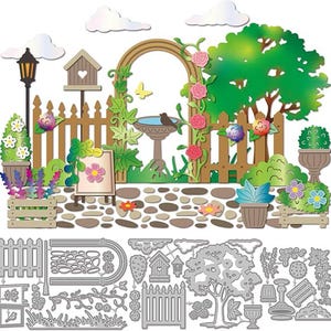 May include: A metal craft die set featuring garden elements including a picket fence, an arched trellis with climbing roses, a birdhouse, a birdbath, a tree, potted plants, a lamp post, clouds, and a stone path, shown with a colorful sample scene.