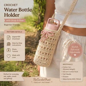 Può includere: Un portabottiglie all'uncinetto color beige con una tracolla lunga e un piccolo fiocco rosa. Il supporto presenta un motivo a griglia e contiene una borraccia rosa. Il testo sull'immagine include Crochet Water Bottle Holder e Materials.