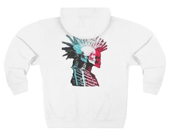 Rot, Weiß & Blau Punk Skull Profil Zip Hoodie | Skelett Mohawk Grafik