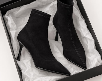 Elegant Suede Pointed Toe Ankle Boots | Stiletto Heel, Black & Brown