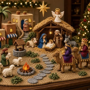 May include: A crochet nativity scene set featuring a stable with a manger, an angel, palm trees, stone buildings, a well, a campfire, sheep, and three figures riding camels. The display includes a star above the stable and various small figures.