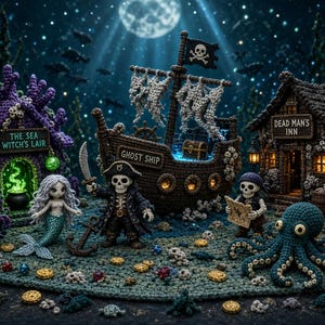 Könnte beinhalten: Ein detailliertes Häkel-Diorama mit einem Geisterschiff, einer Meerjungfrau, einem Skelett-Piraten und einem Oktopus. Die Szene umfasst das violette Versteck der Seehexe, das braune Dead Man's Inn, verstreute Goldmünzen, Totenköpfe und eine Schatztruhe.