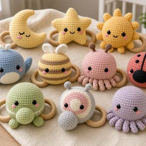 May include: A collection of nine crochet baby rattles featuring various shapes including a moon, star, sun, whale, bee, ladybug, and octopus, each attached to a smooth, round, light-coloured wooden ring. The toys are crafted with yarn in pastel colours.