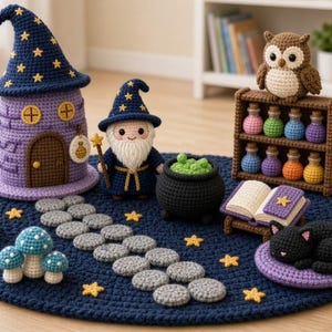 Pode incluir: Uma coleção de objetos de crochê sobre um tapete circular azul-escuro, incluindo uma torre roxa, um boneco mago com chapéu de estrelas, um caldeirão preto, uma prateleira marrom com frascos coloridos, uma coruja e um gato preto.