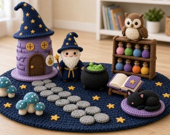 May include: A collection of crocheted items on a dark blue circular rug, including a purple tower, a wizard doll with a star-patterned hat, a black cauldron with green contents, a brown shelf with colourful potion bottles, an owl, and a black cat.
