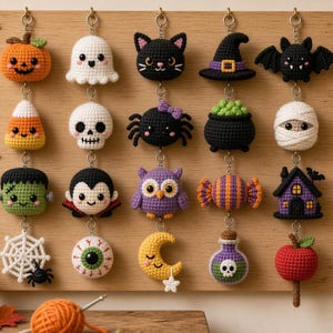 May include: A collection of twenty small, crocheted Halloween-themed ornaments hanging in four vertical rows on a wooden board. The figures include a pumpkin, ghost, black cat, witch hat, bat, candy corn, skull, spider, cauldron, mummy, Frankenstein, vampire, owl, candy, haunted house, spiderweb, eyeball, crescent moon, potion bottle, and apple.