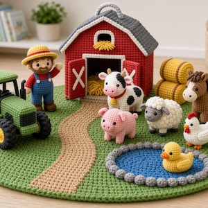 Op de afbeelding: Een gehaakte boerderijset met een rode schuur, een groene tractor, een boerenfiguur en diverse dieren zoals een koe, varken, schaap, paard, kip en eend. De set is geplaatst op een ronde groene mat met een beige pad en een blauwe vijver.