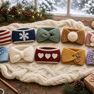May include: A collection of ten crocheted headbands in various colours and designs, including stripes, a snowflake, a twist, a pom-pom, a bow, polka dots, hearts, buttons, and a flower, arranged on a white knitted fabric surface.