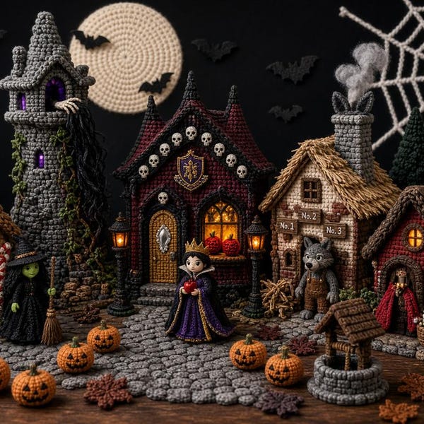 May include: A collection of crocheted Halloween-themed structures and figures, including a tall gray tower, a dark mansion with skull accents, and small cottages. The scene features a queen figure, a witch, a wolf, pumpkins, and a spiderweb.