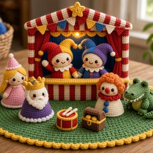 May include: A crochet circus set featuring a red and white striped tent with a yellow star, two jesters, a princess, a king, a clown, a crocodile, a drum, a treasure chest, and two small street lamps on a green circular base.