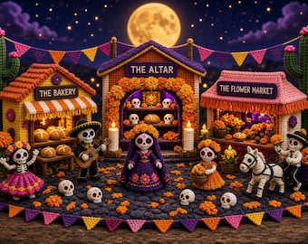 May include: A crochet display featuring three structures labeled THE BAKERY, THE ALTAR, and THE FLOWER MARKET. The scene includes several skeleton figures, marigold flowers, and cacti, all set against a night sky with a full moon and colorful bunting.