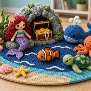 Op de afbeelding: Een gehaakte speelset met een zeemeerminpop met rood haar, een grijze grot met een schatkist, een blauwe walvis, een oranje octopus, een groene schildpad en een anemoonvis, inclusief koraal, schelpen en een zeester op een ronde mat.