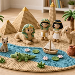 Könnte beinhalten: Ein Häkel-Spielset mit zwei beigen Katzen, einer Sphinx, zwei Figuren in ägyptischer Kleidung, einem Kamel mit rotem Sattel, einem Segelboot und einem grünen Krokodil auf einer runden Matte mit blauem Fluss, zwei Pyramiden, einem Obelisken und Palmen.