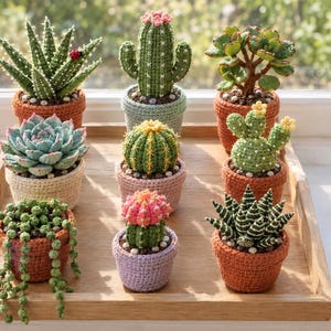 May include: A collection of nine crocheted potted plants and a small blue crocheted watering can. The plants include various cacti, succulents, and a string of pearls, each in a unique yarn pot. They are arranged on a wooden tray near a window.