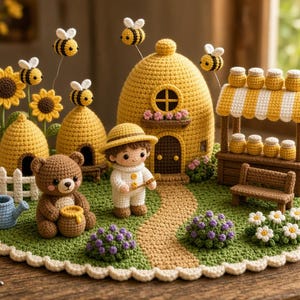 Puede incluir: Un diorama de ganchillo con una casa colmena amarilla, una pequeña figura con sombrero, un oso pardo con un tarro de miel y un puesto de mercado con tarros de miel. La escena incluye girasoles, abejas en alambres, una valla blanca y una regadera.