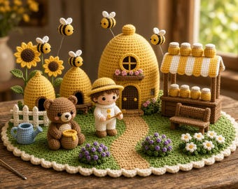 May include: A crochet diorama featuring a yellow beehive house, a small figure in a hat, a brown bear holding a honey pot, and a market stall with honey jars. The scene includes sunflowers, bees on wires, a white fence, and a blue watering can.