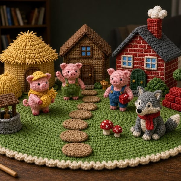 May include: A crochet playset featuring three small pigs and a wolf, three houses made of straw, wood, and brick, a green circular base with a stone path, a well, sunflowers, and two red mushrooms. The set includes a ball of pink yarn and a wooden hook.
