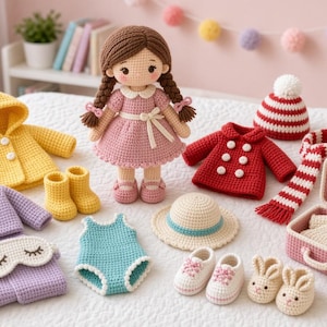 May include: A crocheted doll with brown hair in braids wearing a pink dress and shoes, surrounded by a collection of miniature crocheted items including a yellow hooded jacket, purple pajamas, a sleep mask, a red coat, a striped hat and scarf, a sun hat, a blue swimsuit, white shoes, bunny slippers, and a pink suitcase.