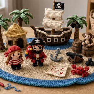 Può includere: Un set da gioco a tema pirata all'uncinetto con un tappetino a forma di isola color sabbia con bordo blu, una nave marrone, un pirata con pappagallo, un personaggio a righe, una capanna, palme, una scimmia, un cannone, un'ancora e una mappa.