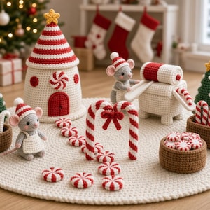 Può includere: Un set all'uncinetto composto da una casa a righe rosse e bianche, due topolini grigi con grembiuli bianchi e cappellini a righe, due alberi di Natale verdi, cesti marroni con bastoncini di zucchero e caramelle alla menta, e un arco.