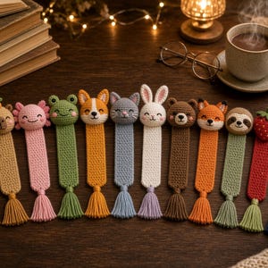 Puede incluir: Una colección de doce marcapáginas de ganchillo con diversas cabezas de animales y plantas, incluyendo una vaca highland, ajolote, rana, zorro, gato, conejo, oso, perezoso, fresa y girasol, cada uno con su cuerpo y borla a juego.